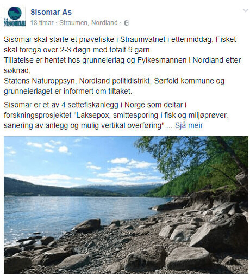 Skjermdump av Facebook-posten til Sisomar.
