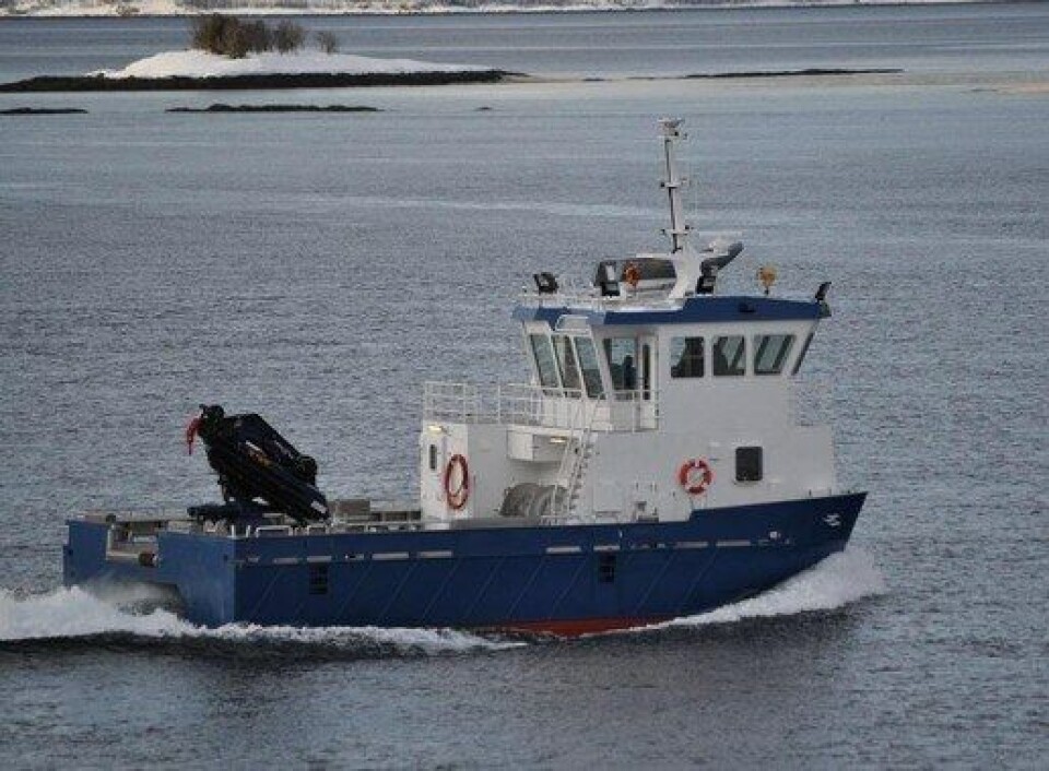 Håløygen er en oppdrettskatamaran , eid av Håløy Havservice.Båten er en rendyrket ankerhåndterings- og fortøyningsbåt. Foto: Håløy Havservice.