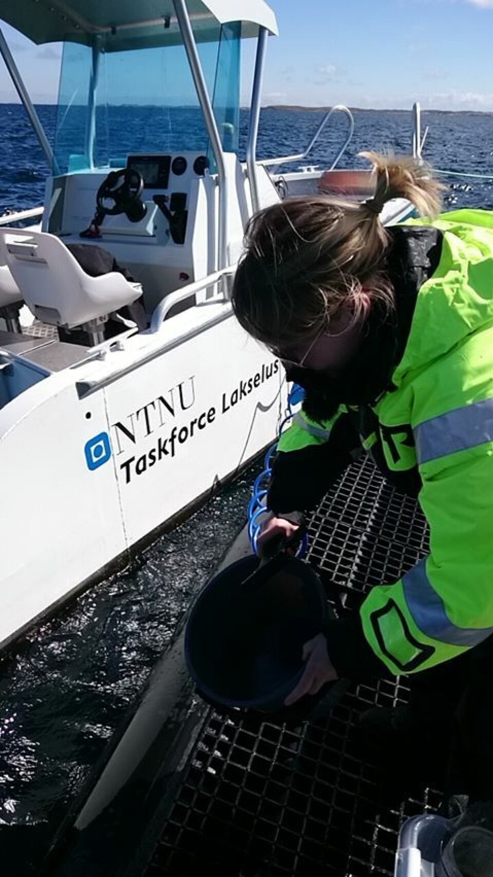 I havgapet: I arbeidet med doktorgraden var Lone Sunniva Jevne mye ute på laksemerdene på Frøya i Trøndelag. Foto: Taskforce lakselus NTNU.
