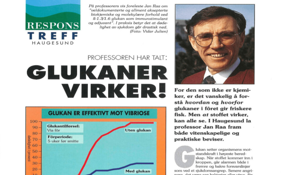 I 1992 lanserte Sketting det første helsefôret med glukaner for å bedre Fiskehelse.  Foto: Faksimile fra Mærkanten i 1992.