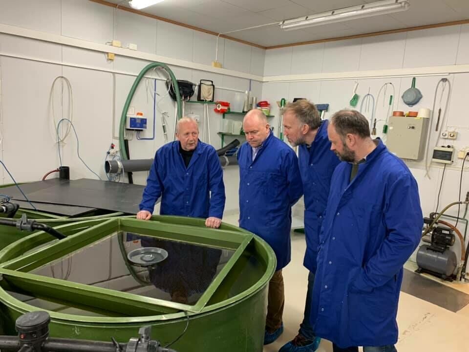 Georg Reinaas, Asle Rønning, Lars Jørgen Ulvan og Arnfinn Aunsmo hos Åsen Settefisk. Foto: Måsøval Fiskeoppdrett.
