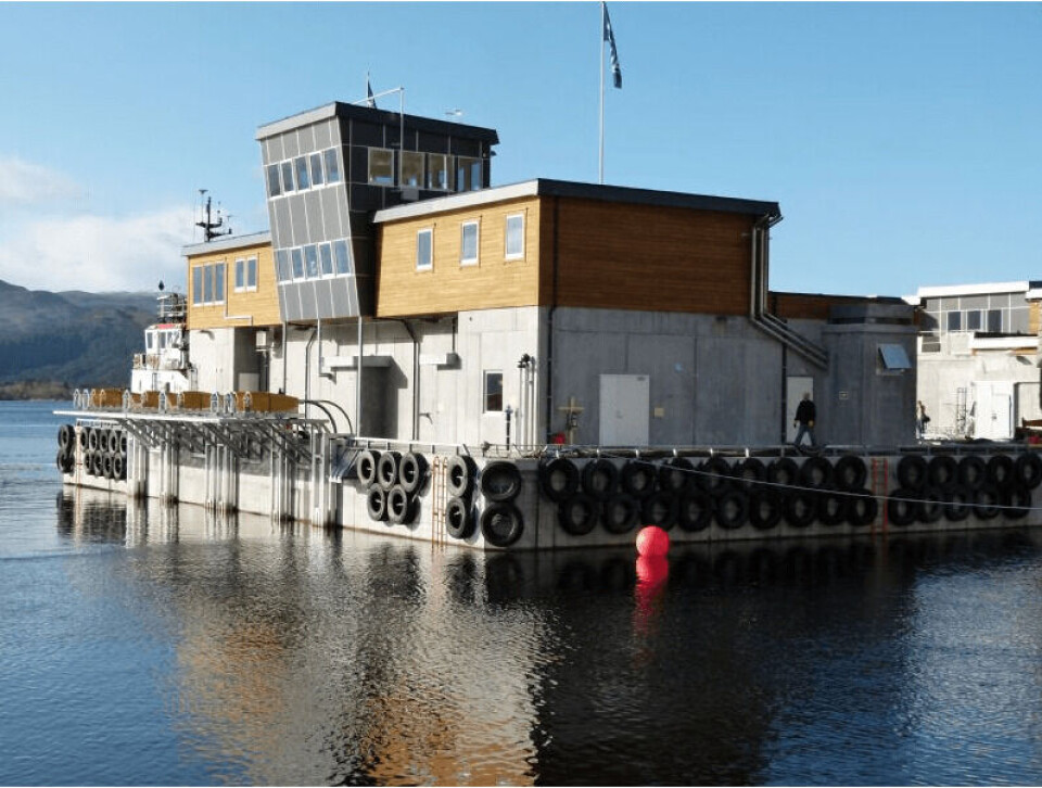Det var en flåte av typen FarmBase 700 som ble overlevert Lerøy Midt. Foto: Marine Construction. Det var en flåte av typen FarmBase 700 som ble overlevert Lerøy Midt. Foto: Marine Construction.