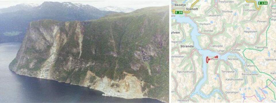 Bileta viser området der oppdrettsanlegget til World Heritage Salmon er planlagt. Det er markert med to raude ringar i kartet til høgre. Bileta er henta frå planprogrammet