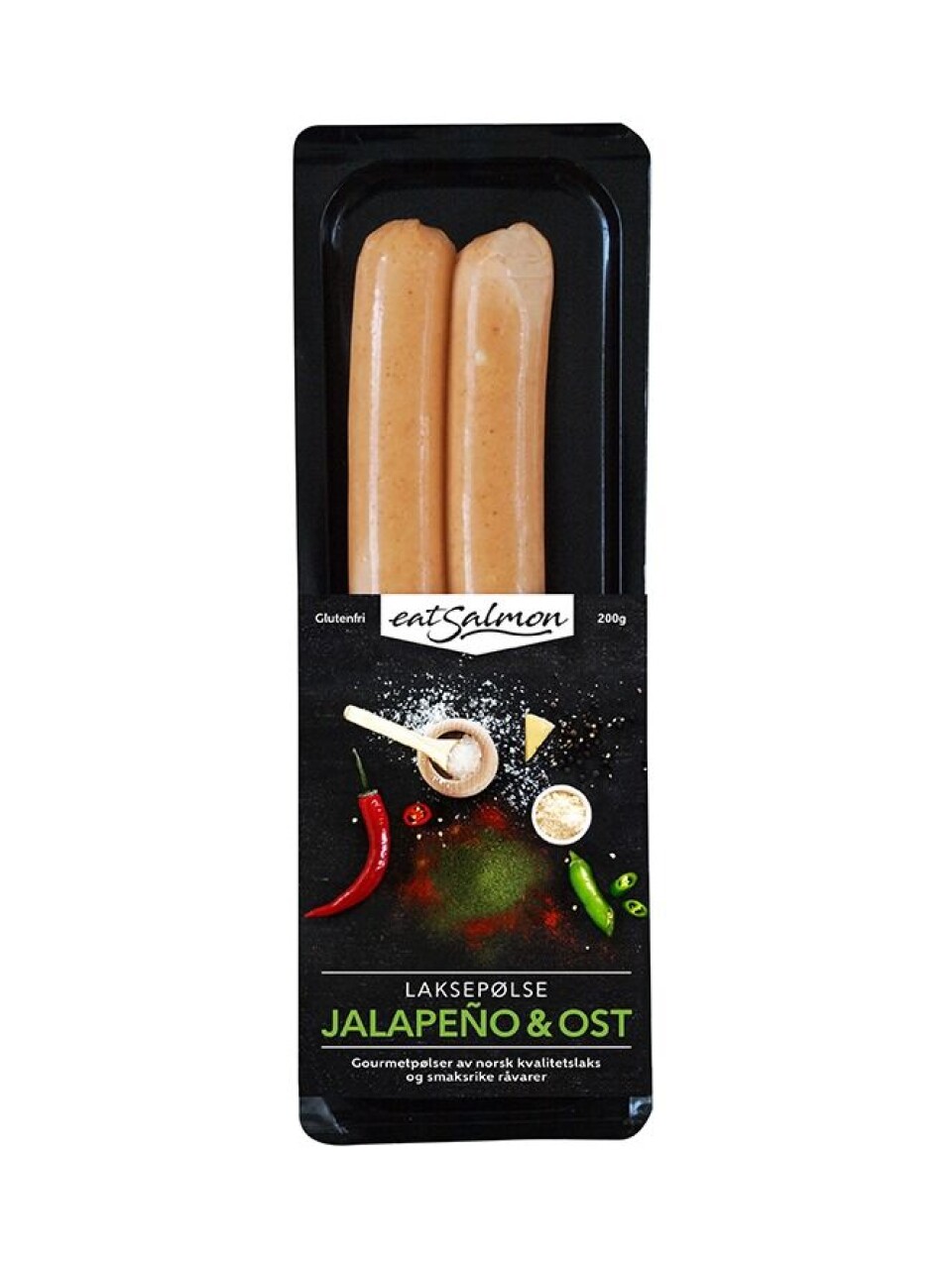 Merkevaren heter EatSalmon og består blant annet av laksepølser med jalepeno og ost. Foto: Platina Seafood.