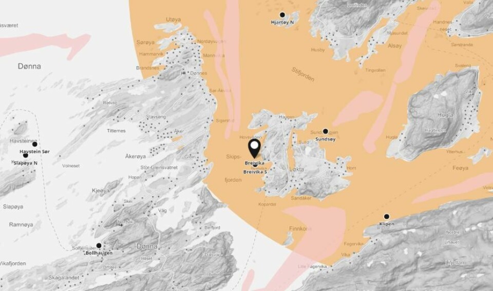 ILA er påvist på lokalitetene Breivika og Breivika S i Dønna kommune i Nordland. Lokalitetene drives av Marine Harvest AS. Foto: Barentwatch.