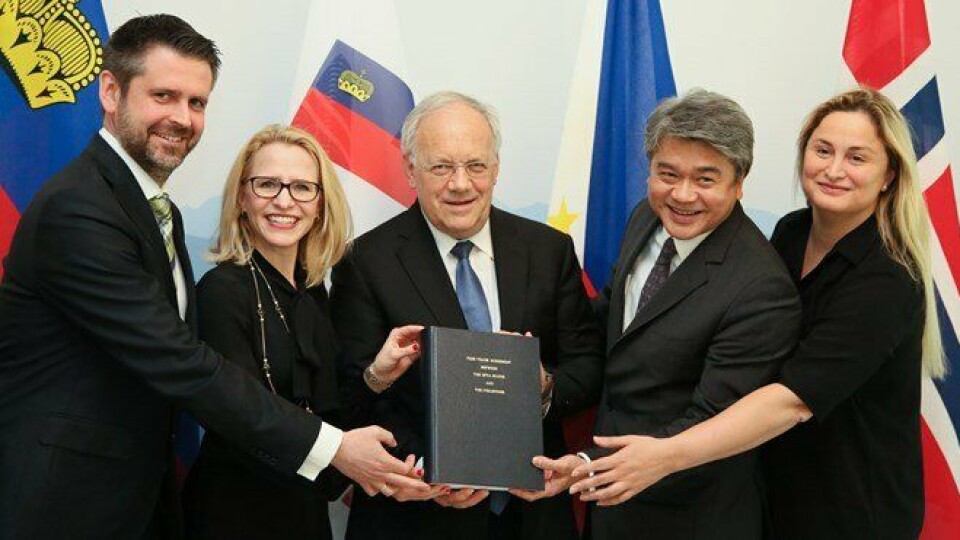 From left: Mr Martin Eyjólfsson, Ambassador, Iceland; Ms Aurelia Frick, Minister of Foreign Affairs, Liechtenstein; Mr Johann N. Schneider-Ammann, President of Switzerland and Head of the Federal Department of Economic Affairs, Education and Research of Switzerland; Mr Adrian S. Cristobal Jr., Secretary of the Department of Trade and Industry of the Philippines; and Ms Dilek Ayhan, State Secretary, Ministry of Trade and Industry, Norway. Foto: NFD.
