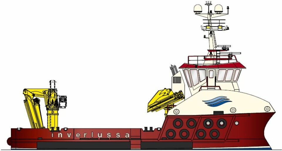 Illustrasjon av opsjonsfartøyet 'Kiera Fiona' som Havyard nå fortløpende skal sette i gang byggingen av til det skotske rederiet Inverlussa Marine Services. Dette blir fartøy nummer to i rekken på kort tid levert fra verftet til det skotske rederiet. Foto: Havyard Ship.