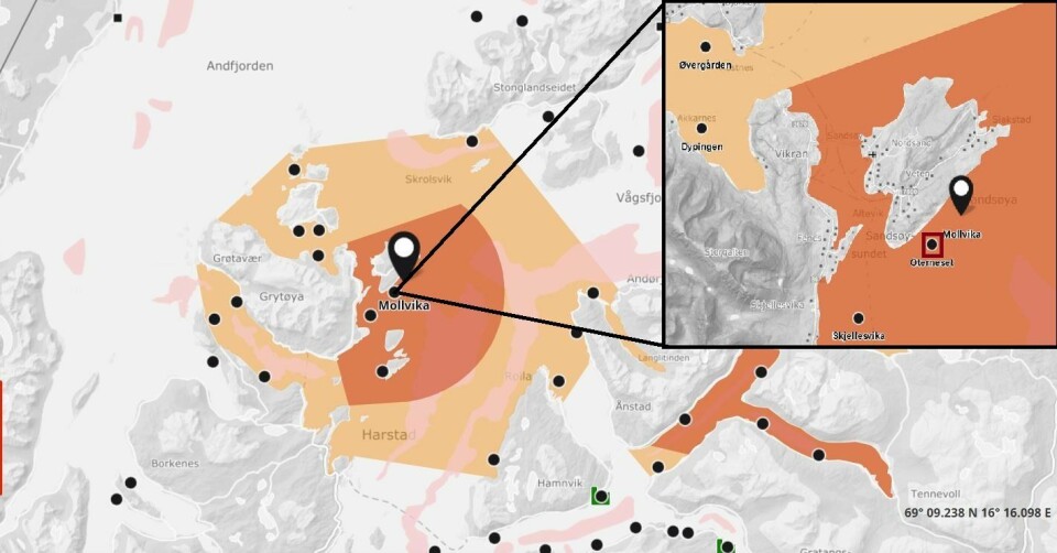Der mistanke om ILA ved Molvika i Harstad kommune. En kilometer unna ligger Oterneset (rød firkant) som fikk påvist ILA i oktober 2019. Kilde: Barentswatch.