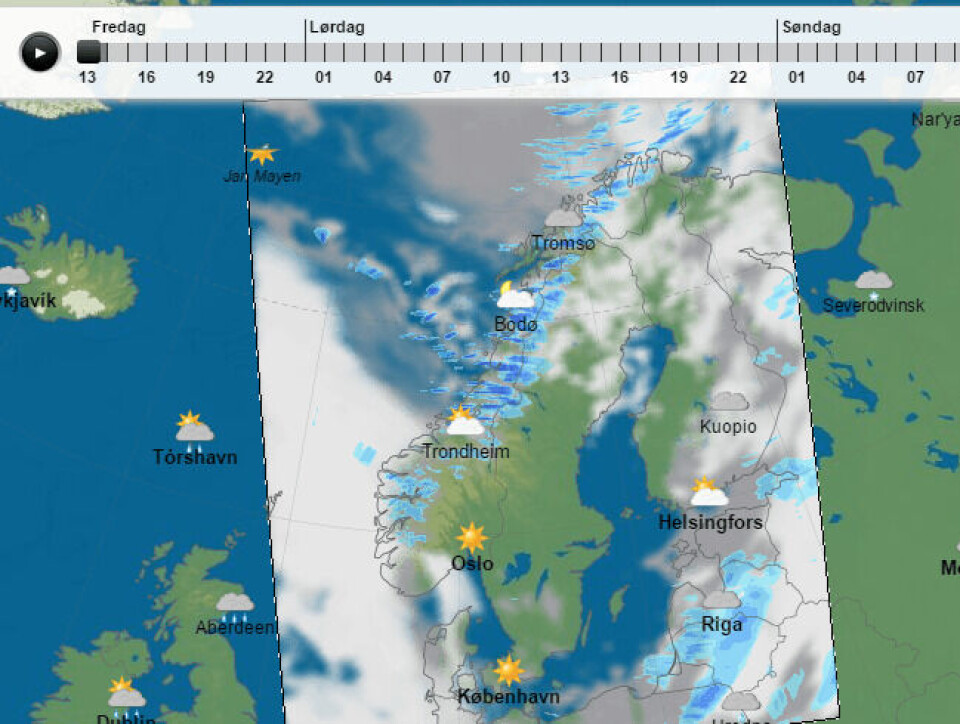Værkart over Norge kl 14.00 fredag 23 desember. Illustrasjon: Yr.no