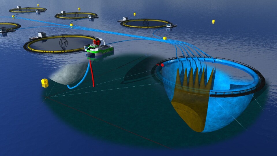 Skissen viser et flytende lukka oppdrettsanlegg der inntaksvannet filtreres for lakselus og avfallsvannet i blå slanger blir ved utfelling av faststoff renset i en egen rensemerd til høyre i bildet. Her er det kun flytting av vann i vann som gir en energioptimal rensing. Rensemerden er patentsøkt av NOFI.