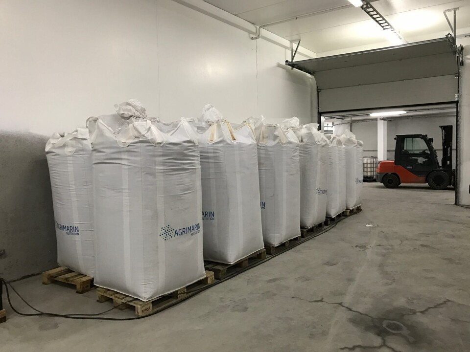 Fiskeslammet kan pakkes direkte i sekker for enkel håndtering, forklarer Baarset. Foto: Multivector. Fiskeslammet kan pakkes direkte i sekker for enkel håndtering, forklarer Baarset. Foto: Multivector.
