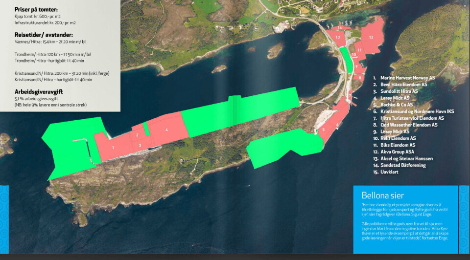 Hitra kysthavn og industriområde, med etablerte bedrifter til høyre. Skjermdump: Vindfang.