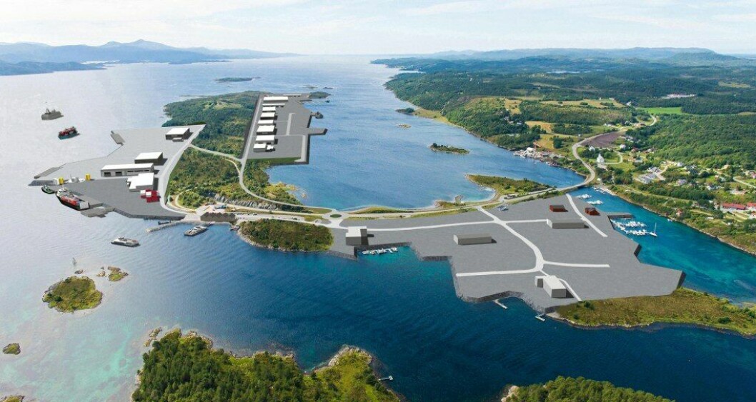 Slik skal Hitra kysthavn og Industripark se ut når ferdig i 2018. Illustrasjon: Hitra kommune.
