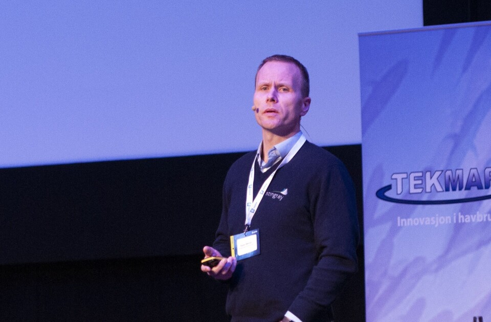 Espen Børrud i Stingrays sa under Tekmar at de som teknologileverandør ønsker og forventer tydelige krav fra tilsynsmyndighetene og oppdrettere i forhold til automatisk lusetelling. Foto: Pål Mugaas Jensen/Kyst.no.