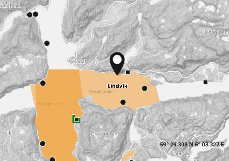 Lokalitet Lindvik, der det er mistanke om det femte tilfellet av SAV2 i Rogaland på kort tid. Skjermdump fra Barentswatch