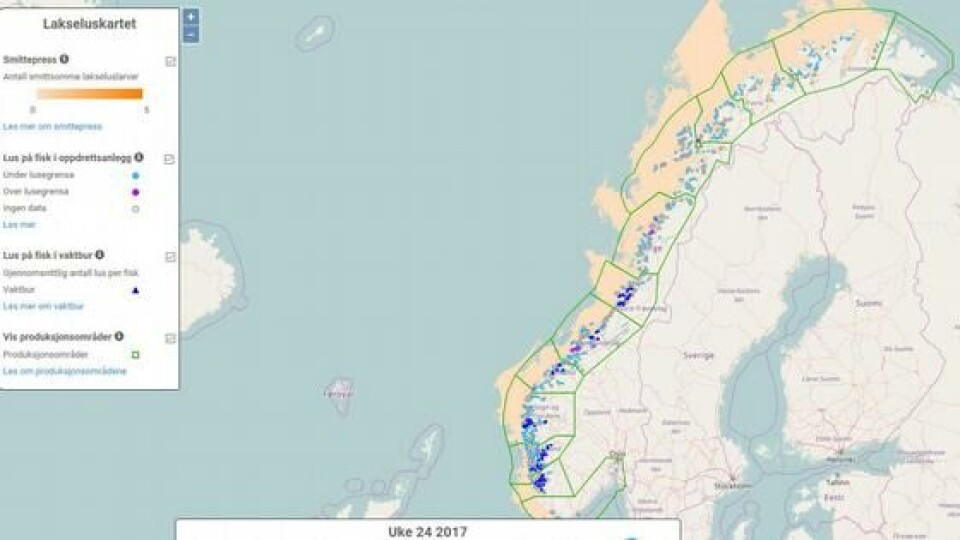 På Lakseluskartet kan du mellom anna sjå kvar dei smittsame lakseluslarvane blir transportert med straumen (oransje felt). Om du går inn på sjølve kartet kan du zoome inn for å sjå detaljar i eit bestemt område. Foto: Havforskningsinstituttet. På Lakseluskartet kan du mellom anna sjå kvar dei smittsame lakseluslarvane blir transportert med straumen (oransje felt). Om du går inn på sjølve kartet kan du zoome inn for å sjå detaljar i eit bestemt område. Foto: Havforskningsinstituttet.