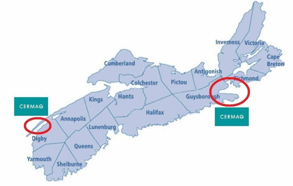 Cermaq undersøker flere lokaliteter vest og øst på Nova Scotia. lluatrasjon: FishfarmingExpert.com