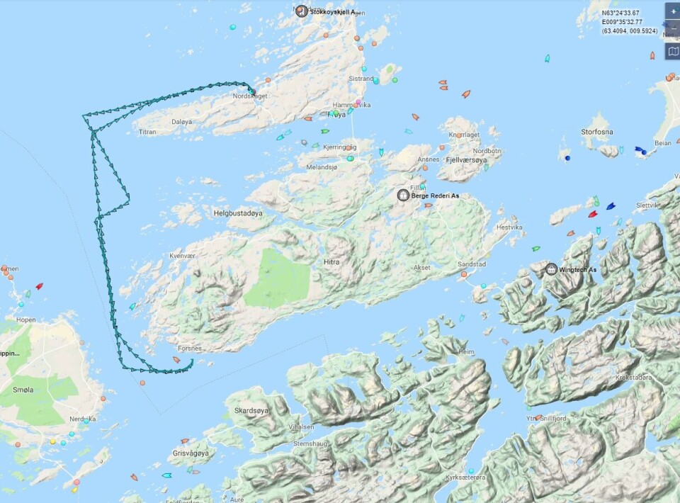 Her kan man se «Taupo» sin ferd fra lokaliteten Singsholmen til SalMar-slakteriet Innovamar. Skjermdump fra Marine Traffic.