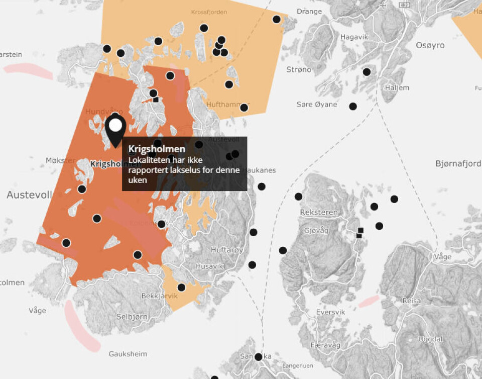 Skjemdump fra Barentwatch som viser et kontrollområde for ILA i Hordaland fylke.