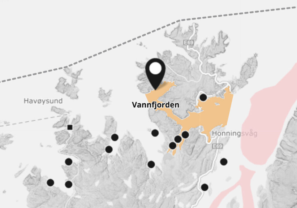 Lokalitet Vannfjorden drives av Grieg Seafood Finnmark. Skjermdump fra Barentswatch.