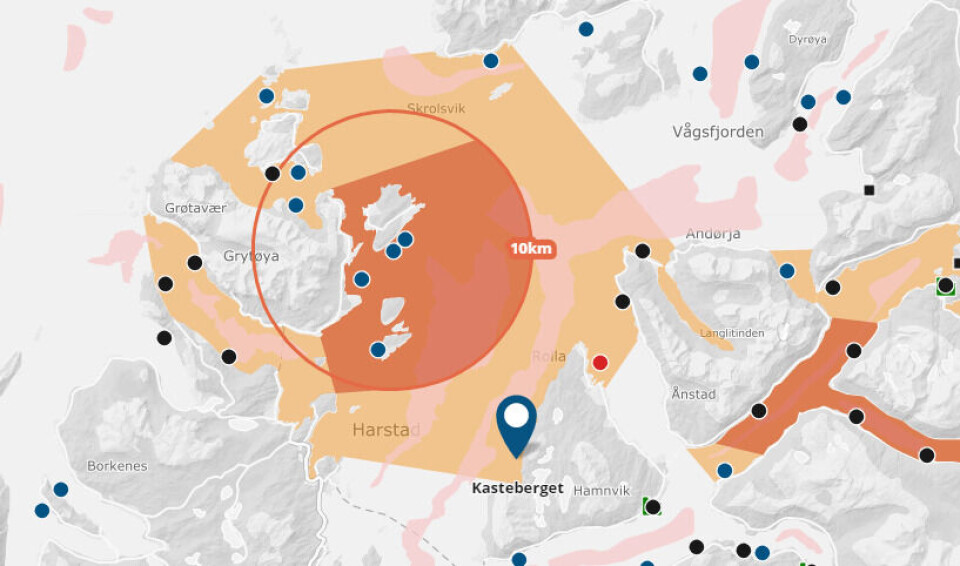 Lokalitet Kasteberget. Skjermdump fra Barentswatch. Lokalitet Kasteberget. Skjermdump fra Barentswatch.