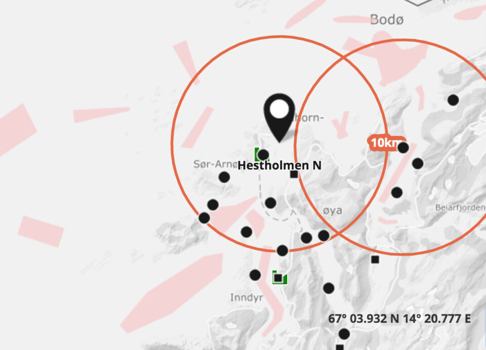 Lokalitet Hestholmen N i Gildeskål kommune. Skjermdump fra Barentswatch.