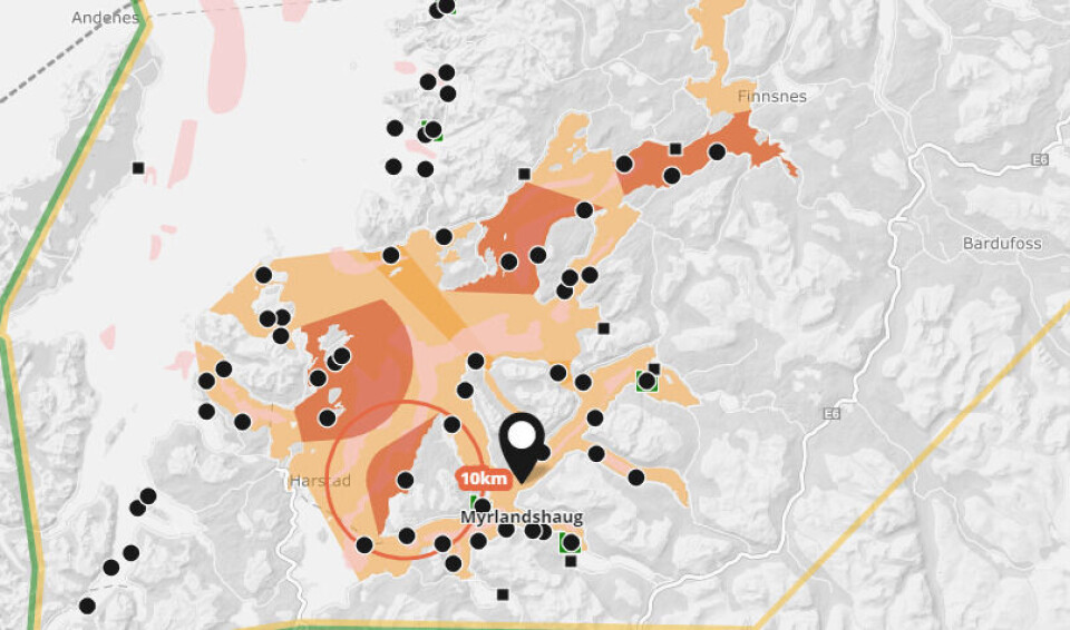 Lokalitet Myrlandshaug. Skjermdump fra Barentswatch.