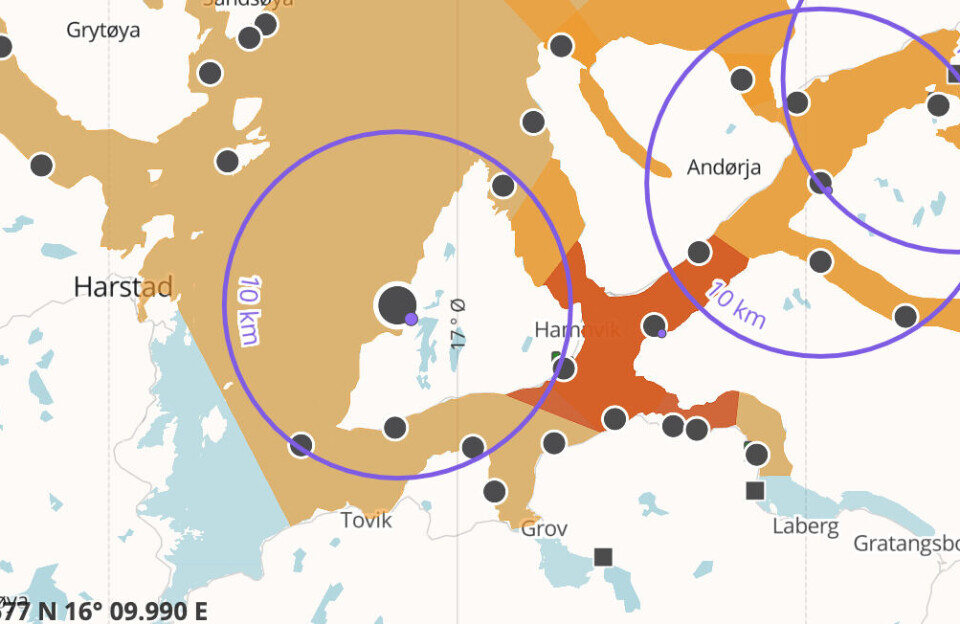 Lokalitet Kasteberget er en av to nye lokaliteter det meldes om mistanke om ILA på i nord. Skjermdump fra Barentswatch.