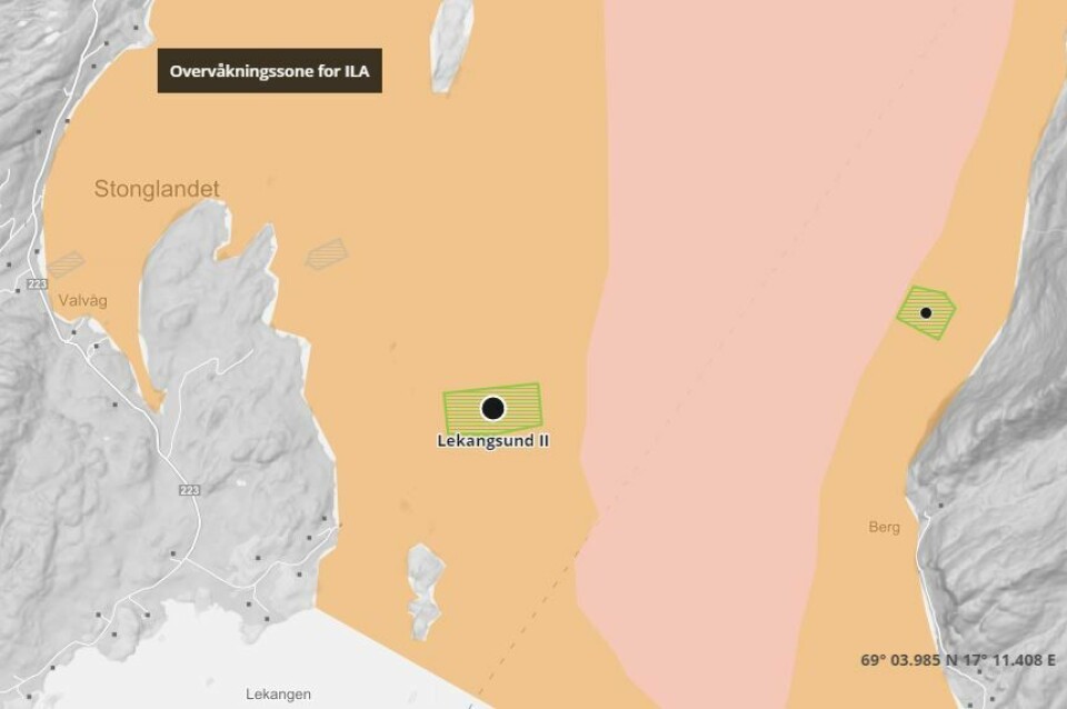 Det er mistanke om ILA på et av SalMars anlegg, Lekangsund II i Tranøy kommune i Troms fylke. Illustrasjonskart: Barentswatch.