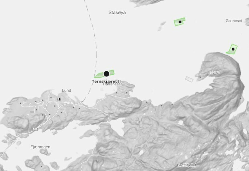 Det er mistanke om ILA på et av Salmonors anlegg, Ternskjæret II i Nærøy kommune i Trøndelag. Illustrasjonskart: Barentswatch.