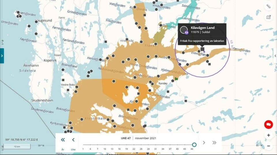 Det er mistanke om ILA ved Kilavågen Land i Suldal kommune. Kilde: BarentsWatch Det er mistanke om ILA ved Kilavågen Land i Suldal kommune. Kilde: BarentsWatch
