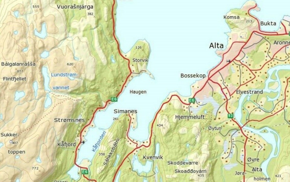 Kart av Kåfjorden i Alta