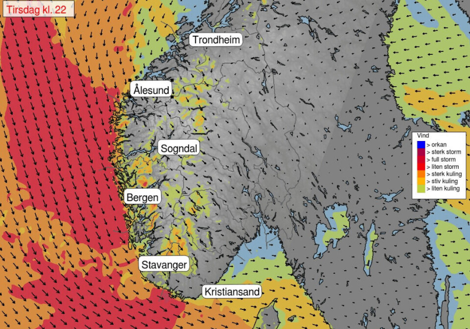 Slik spår Meteorologene at været er tirsdag 03.01 klokken 22.00. Illustrasjon: Yr.no.