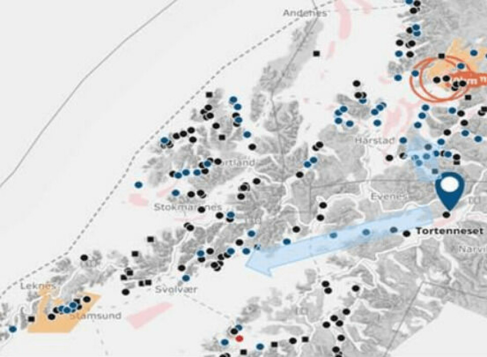 Kart over området og forventet rute for algene de neste 37 timer. Kilde: Barentswatch og Nordea Research
