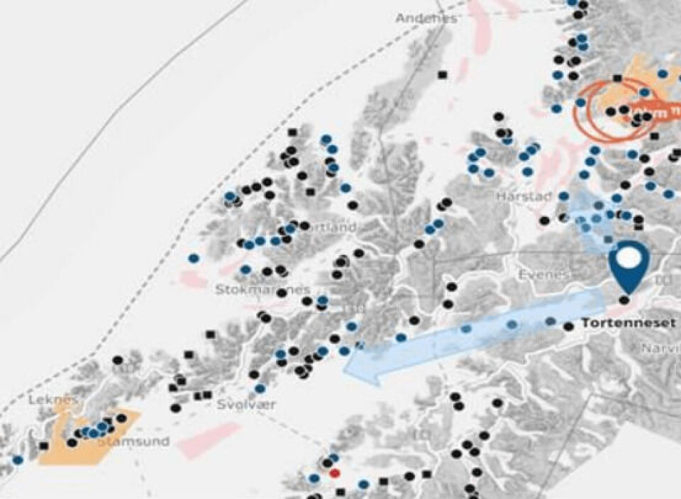 Kart over området og forventet rute for algene de neste 37 timer. Kilde: Barentswatch og Nordea Research Kart over området og forventet rute for algene de neste 37 timer. Kilde: Barentswatch og Nordea Research