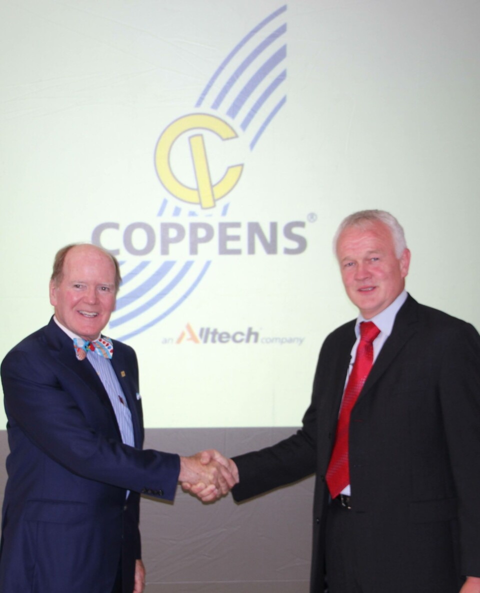 Anno Galema, administrerende direktør i Coppens International (t.h.), og Dr. Pearse Lyons eier av Alltech. Foto: Alltech.