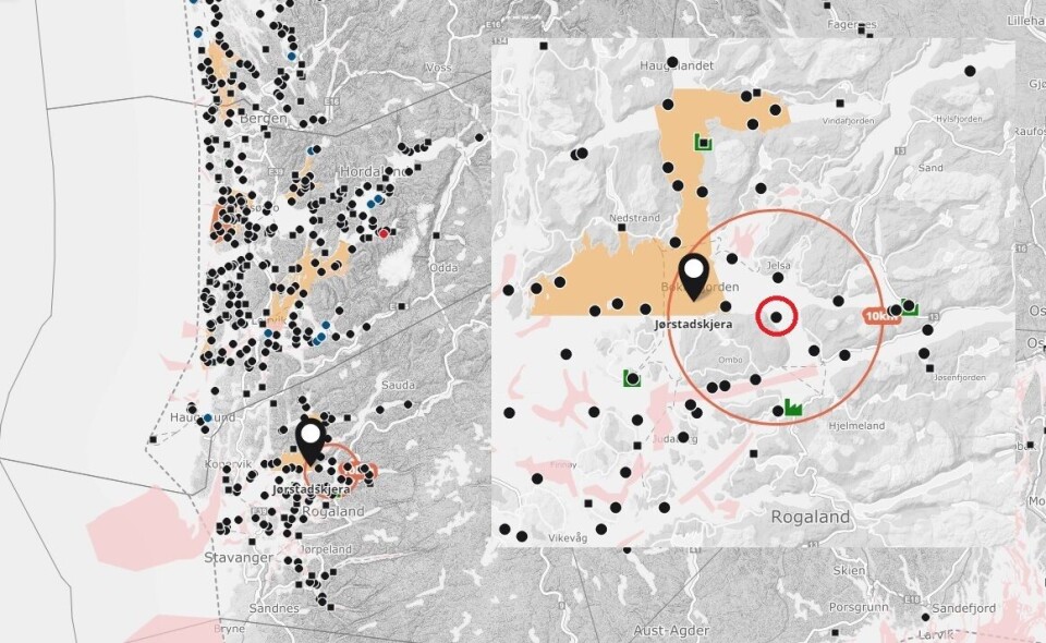 Mattilsynet ser alvorlig på at det er oppdaget ILA på en ny lokalitet i Rogaland (Svart markør: Jørstadskjæra). Liten rød ring markerer forrige ILA-mistanke (Kjeahola). Gult skravert felt er overvåkningssone for ILA. Stor ring markerer restriksjoner på eksport til Australia. Kilde: Barentswatch. Mattilsynet ser alvorlig på at det er oppdaget ILA på en ny lokalitet i Rogaland (Svart markør: Jørstadskjæra). Liten rød ring markerer forrige ILA-mistanke (Kjeahola). Gult skravert felt er overvåkningssone for ILA. Stor ring markerer restriksjoner på eksport til Australia. Kilde: Barentswatch.