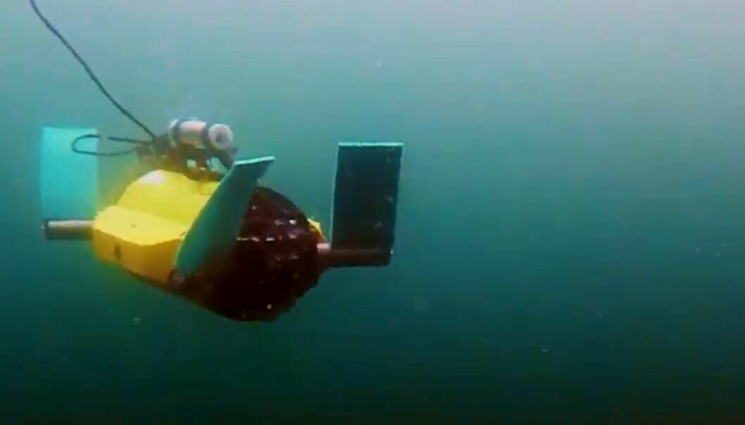 Denne undervannsfarkosten er testet ut i utviklingen av maskiner som skal fungere sammen med fisk. Foto/video: Sintef.