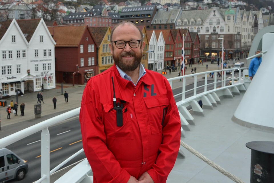 Carl-Erik Arnesen, styreleder i Hav Line. Her fra dåpen av «Norwegian Gannet» i Bergen. Foto: Therese Soltveit
