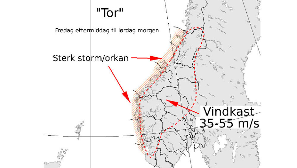 Uværet Tor. Illustrasjon: Yr.no/Met