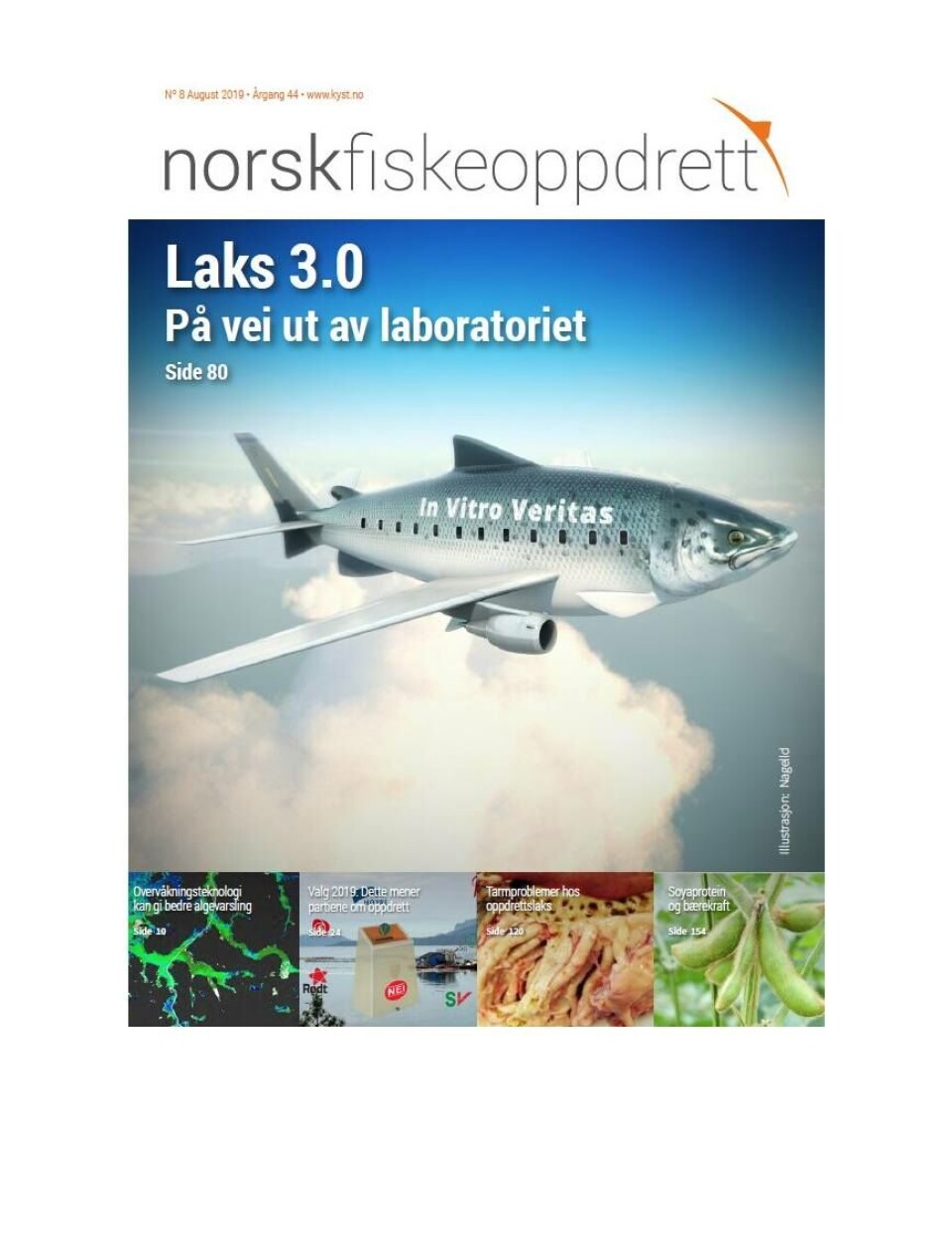 Norsk Fiskeoppdrett nr 8 2019 hadde forsiden viet til temaet in vitro-laks.