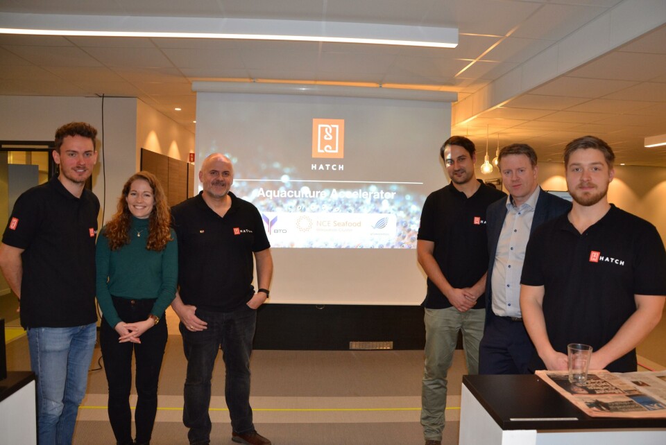 Gjengen i Hatch f.v Georg Baunach (Head of Programs), Marianne Wethe Koch (Marketing), Wayne Murphy (COO), Carsten Krome (CEO), Björgólfur Hávarðsson (Industry Expert), og Emil Lindfors (Program Developer) ønsker søkere fra hele verden til sitt nye aksellerator-program som starter opp 02. april. Foto: Therese Soltveit.