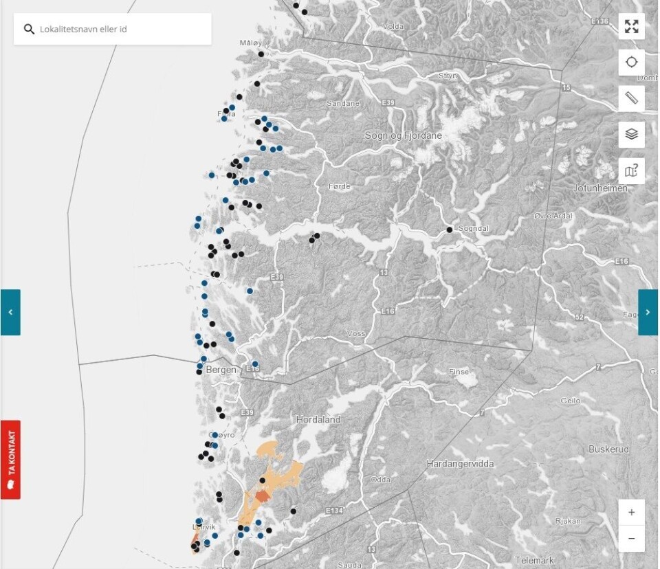 Disse anleggene ligger ifølge Barentswatch nærmere enn 1000 meter fra rekefelt i Hordaland og Sogn og Fjordane. Klikk for større.