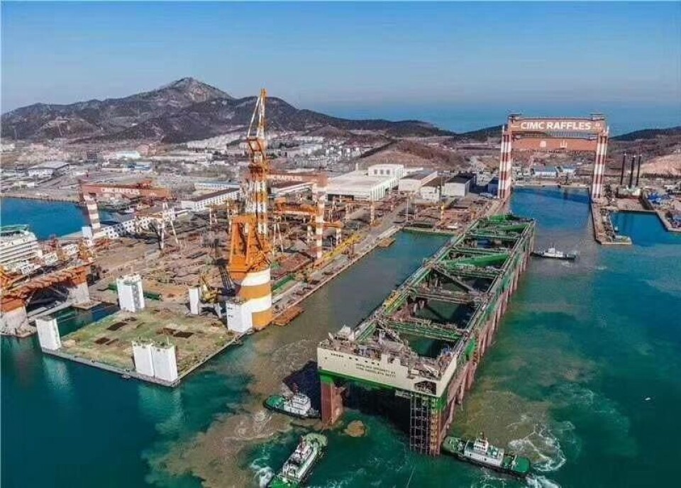 Havfarmen ferdigstilles nå på verftet i Kina. Planen er at den skal stå klar om en måned. Foto/video:  Edi Milic/LinkedIn.