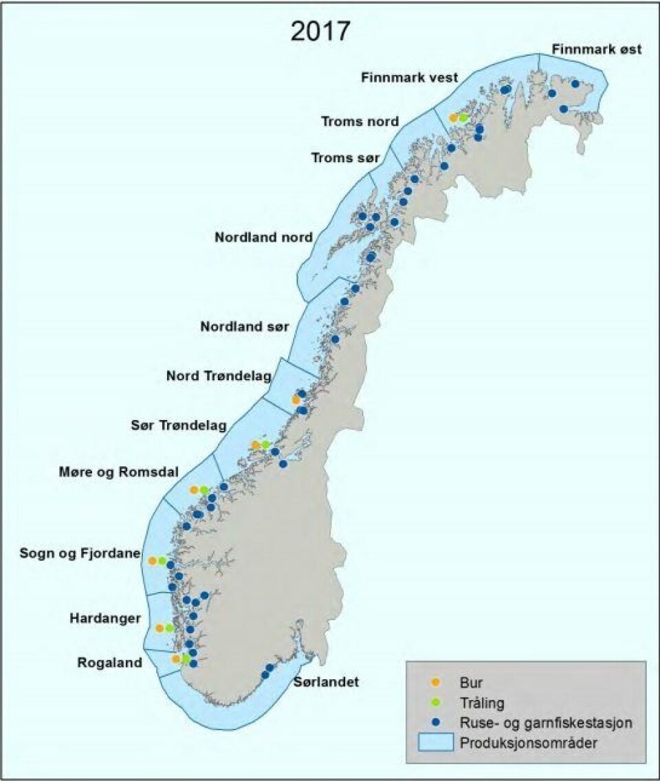 Områdene og omtrentlige stasjoner hvor vill laksefisk ble undersøkt for lakselusinfestasjon våren og sommeren 2017. Kart: Havforskningsinstituttet.