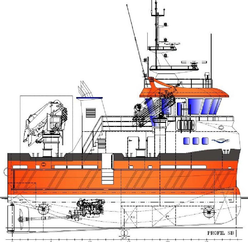 Nærøysund Aquaservice AS har kontrahert ny arbeidsbåt fra Moen Marin AS. LEveranse er ventet høsten 2018.  Illustrasjon: Marin Design AS.