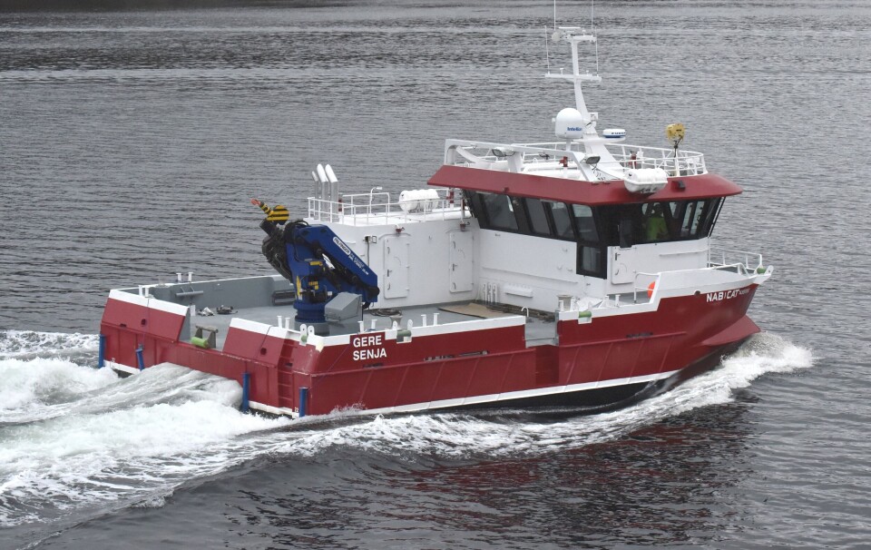 NCS i Troms overtok denne uken sin fjerde NabCat fra Moen Marin; konkret MS Gere på knappe 15 meter. Katamaranen har to hovedmotorer hver på 575 hk og går 12 knop uten last. Foto: Moen Marin. NCS i Troms overtok denne uken sin fjerde NabCat fra Moen Marin; konkret MS Gere på knappe 15 meter. Katamaranen har to hovedmotorer hver på 575 hk og går 12 knop uten last. Foto: Moen Marin.