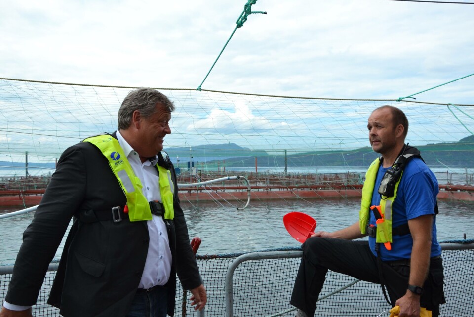 Fiskeriminister og driftsleder Trygve Samnøy diskuterte blant annet fôrfaktor og forekomst av hjertesprek hos laks. Foto: Margarita Savinova. Fiskeriminister og driftsleder Trygve Samnøy diskuterte blant annet fôrfaktor og forekomst av hjertesprek hos laks. Foto: Margarita Savinova.