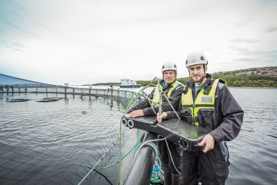 OptoScale AS er et heleid Norsk teknologiselskap som leverer sanntidsovervåkning av fiskehelse og biomasse. Selskapet produserer og utvikler sin teknologi i Trondheim, og er nå med i finalen i EIC Accelerator Pilot funding. Avbildet er Sven Kolstø (foran) og Einar Wangberg i OptoScale. Foto:Gard Nordseth/Optoscale.