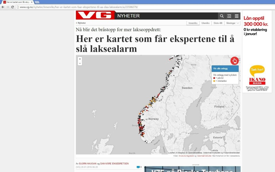 Faksimile av VG 20. januar 2016. Kartet viser anlegg med og uten sykdom langs kysten.